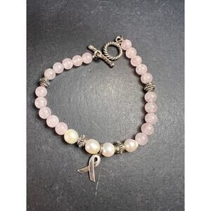 Vintage rose quartz pearls sterling silver breast cancer awareness bracelet